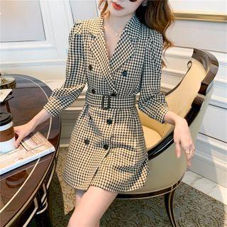 Plaid 3/4-sleeve Mini Collared Dress