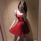 Spaghetti-strap Accordion Pleat A-line Mini Dress
