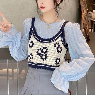 Set: Long-sleeve Blouse + Floral Cropped Camisole Top