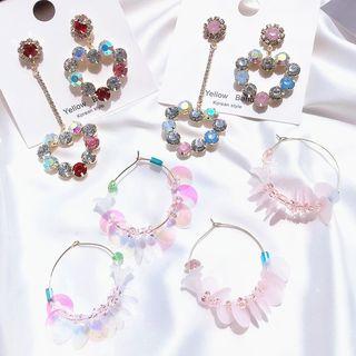 Non Matching Rhinestone Heart / Iridescent Disc Hoop Earring
