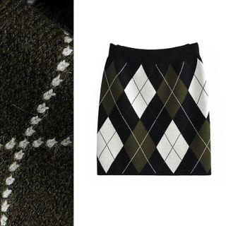Argyle Knit Mini Skirt 9892 - Black & White & Army Green - One Size