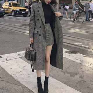Set: Houndstooth Double-breasted Midi Coat + Mini A-line Skirt
