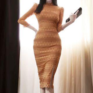 3/4-sleeve Lace Trim Midi Sheath Dress
