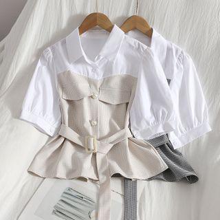 Short-sleeve Mock Two-piece Plaid Blouse