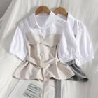Short-sleeve Mock Two-piece Plaid Blouse