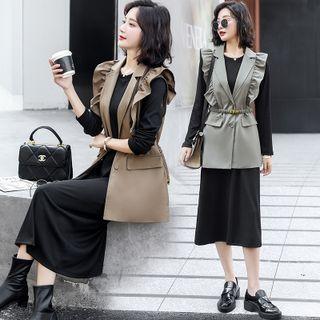 Set: Long Sleeve Plain T-shirt Dress + Ruffled Button-up Vest