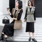 Set: Long Sleeve Plain T-shirt Dress + Ruffled Button-up Vest