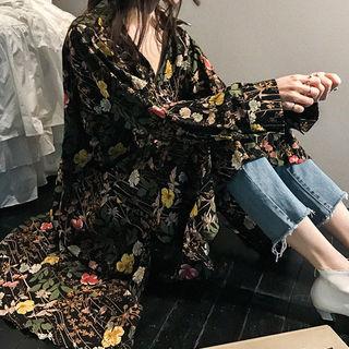 Ruffle-hem Floral Pattern Long Shirtdress With Sash