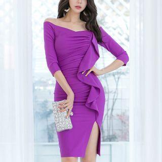 Elbow-sleeve Frill Trim Sheath Dress