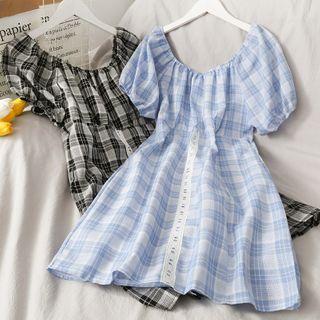 Puff-sleeve Checker Mini Dress