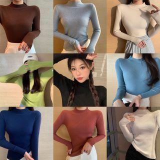 Long-sleeve Mock-neck Plain Slim-fit Knit Top