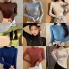 Long-sleeve Mock-neck Plain Slim-fit Knit Top