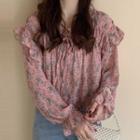 Long-sleeve Ruffled Floral Chiffon Blouse Pink - One Size
