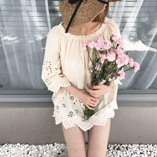 Scallop Hem Off Shoulder 3/4 Sleeve Top