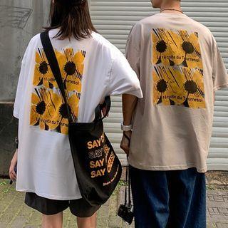 Couple Matching Letter Printed Floral Elbow-sleeve T-shirt