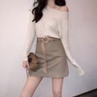 Long-sleeve Knit Top / Mini A-line Skirt With Belt
