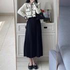 Set: Contrast Trim Button-up Cropped Cardigan + Pleated Midi Skirt