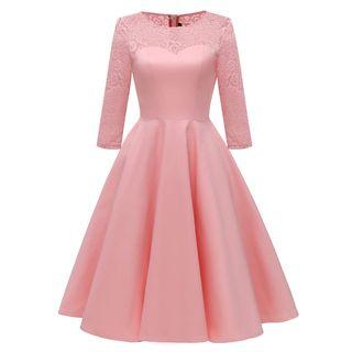 3/4-sleeve Lace Paneled A-line Midi Satin Dress