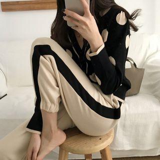 Set: Long-sleeve Buttoned Dotted Knit Top + Harem Pants