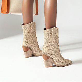 Chunky Heel Patterned Short Boots