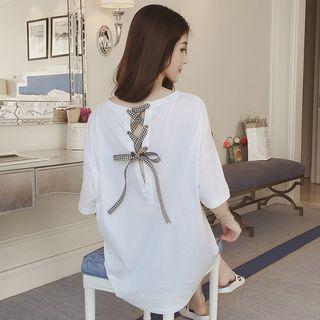 Lace-up Back Lettering Elbow-sleeve T-shirt