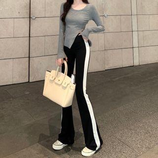 Long-sleeve Slit T-shirt / Two-tone Bootcut Pants
