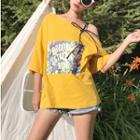 Printed Cut Out Shoulder 3/4 Sleeve T-shirt