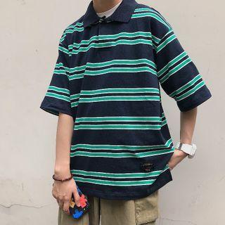 Elbow-sleeve Polo-neck Striped T-shirt