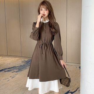 Long-sleeve Drawstring Mock-neck Midi A-line Dress