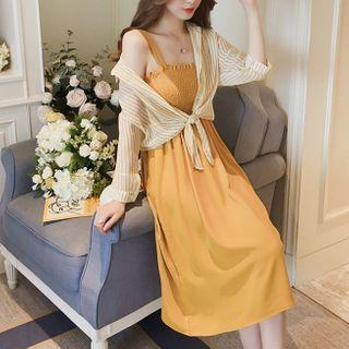 Set: Long-sleeve Striped Shirt + Spaghetti Strap A-line Midi Dress