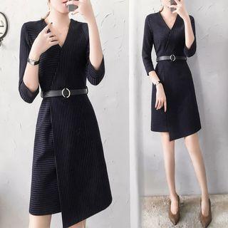 3/4-sleeve Pinstriped Asymmetrical A-line Dress