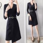3/4-sleeve Pinstriped Asymmetrical A-line Dress