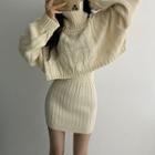 Set: Turteneck Cropped Cable Knit Sweater + Knit Skirt