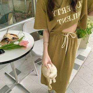 Set: Short-sleeve Lettering T-shirt + Drawstring Midi Pencil Skirt