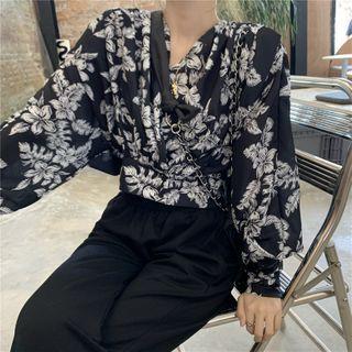 Floral Print V-neck Long-sleeve Blouse - 2 Colors