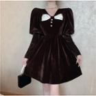 V-neck Puff-sleeve Bow-accent Velvet Mini A-line Dress