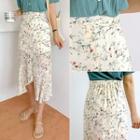 Slit-front Floral Midi Chiffon Skirt