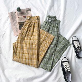 Plaid Button Accent Straight Fit Pants