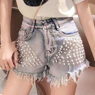 Faux-pearl Denim Hot Pants