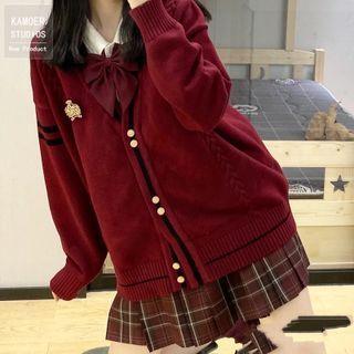 Contrast Trim Cardigan / Plaid Pleated Mini A-line Skirt