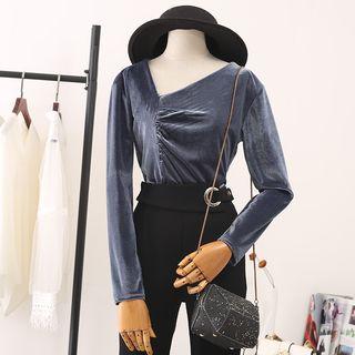 V-neck Velvet Ruched Long-sleeve Top