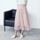 Beaded Tulle-overlay Midi Skirt