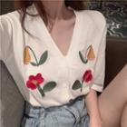 V-neck Flower Embroidered Short-sleeve Knit Top