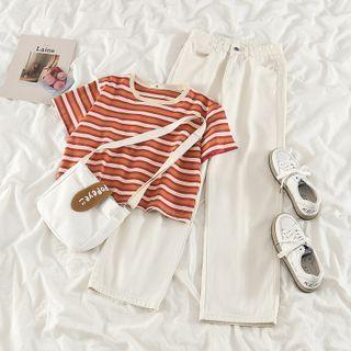 Striped Cropped T-shirt / High-waist Straight Leg Jeans