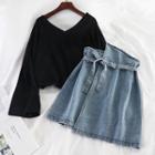 Set: Long-sleeve Top + Denim Skirt