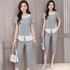 Set: Plaid Short-sleeve Mock Two-piece Top + Capri Pants
