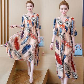 Feather Print Elbow-sleeve A-line Midi Dress