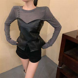 Set: Plain Knit Top + Faux Leather Camisole Top