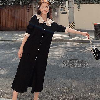 Collared Elbow-sleeve Midi Straight-fit Dress
