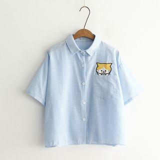 Cat Embroidered Short Sleeve Shirt